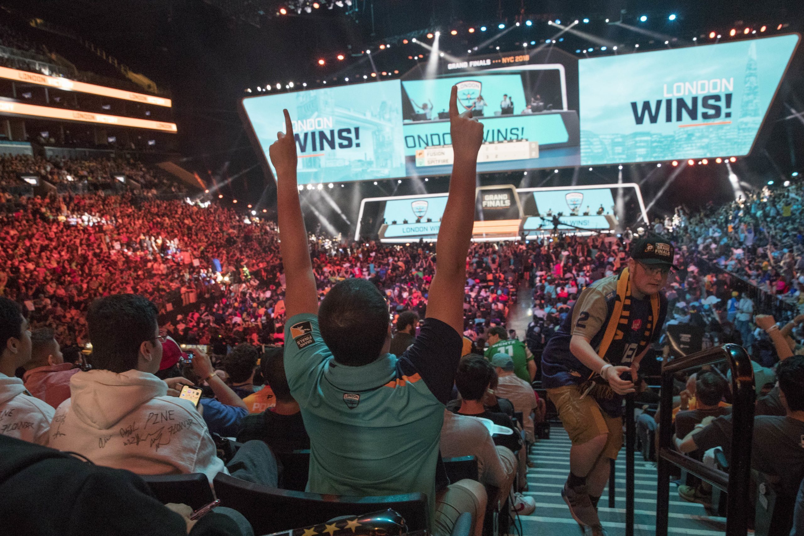 A London Spitfire fan reacts after London won during the Overwatch League Grand Finals competition. (Photo courtesy of AP Images)