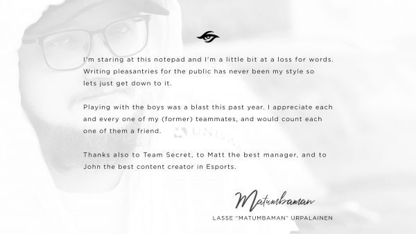 Matumbaman's Statement on departing from Team Secret