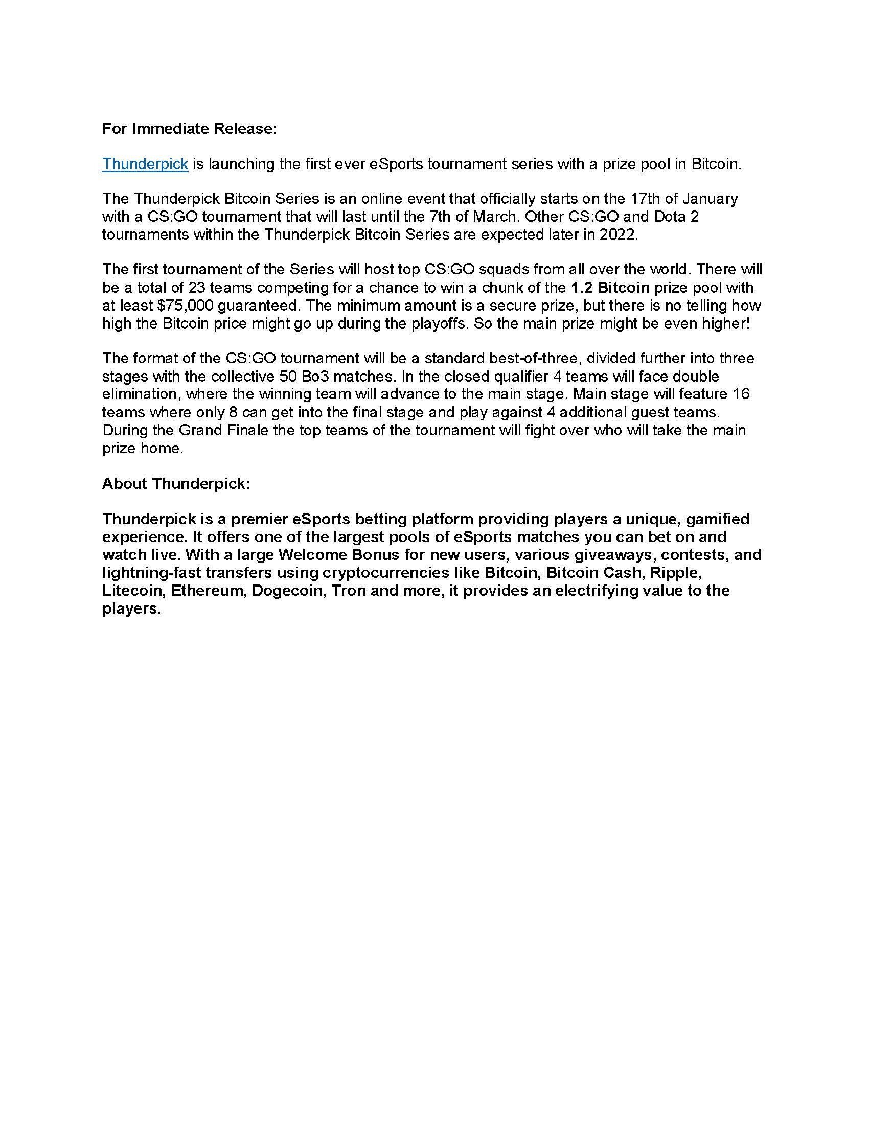 Thunderpick Bitcoin Series Press Release