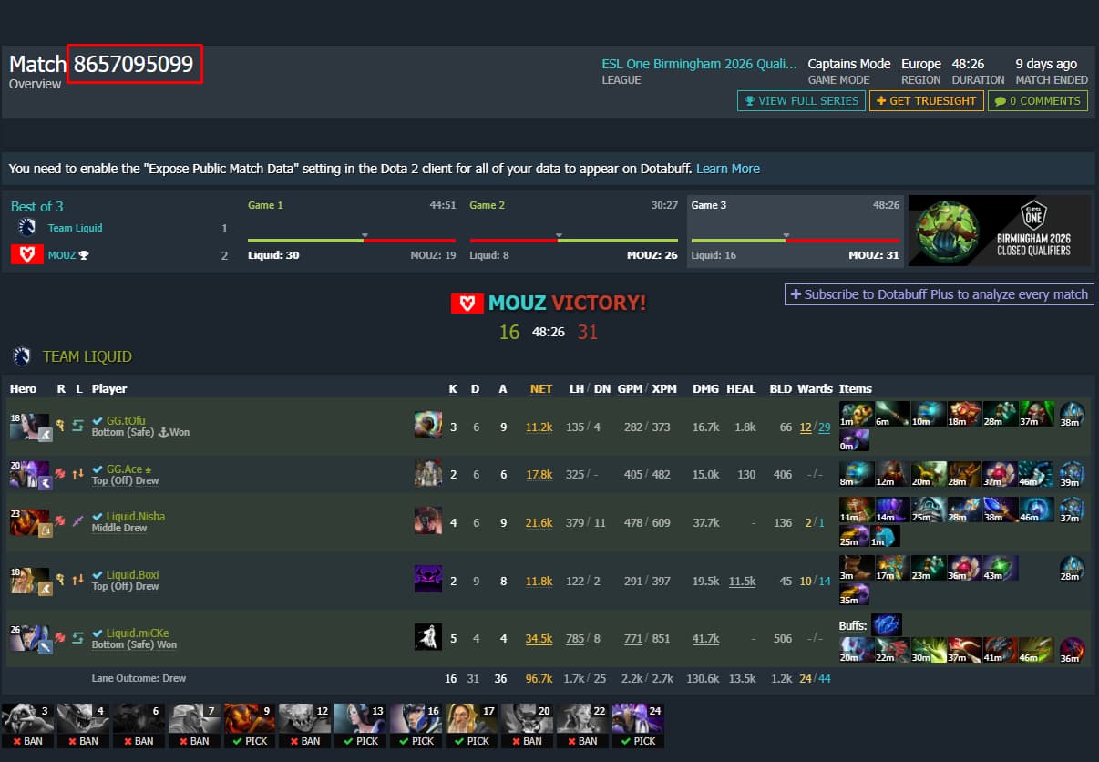 Match ID on Third-Party Websites (Image via Dotabuff)
